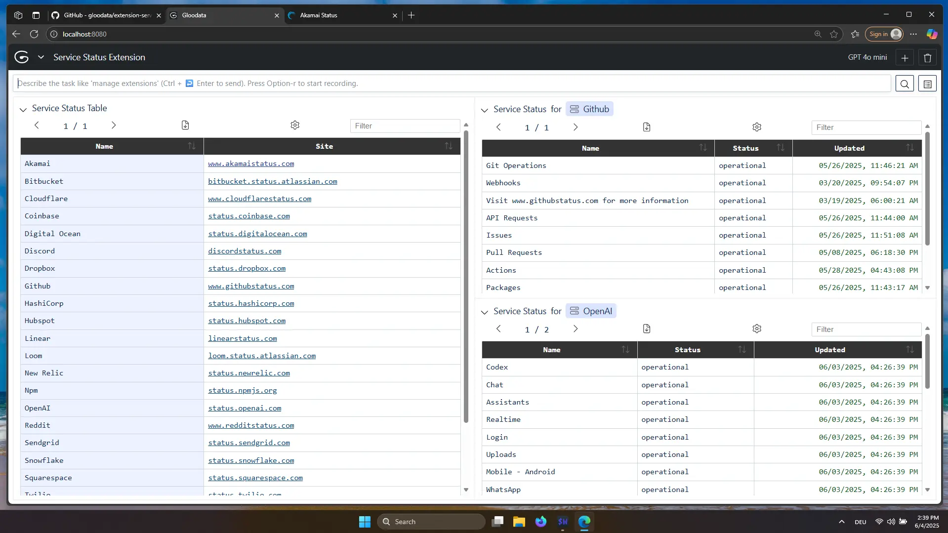 Service status extension screenshot using an HTTP API